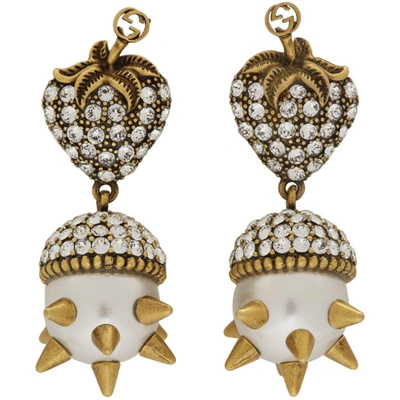 Gucci Gold Studded Pearl Strawberry Earrings In 8516 Pearl