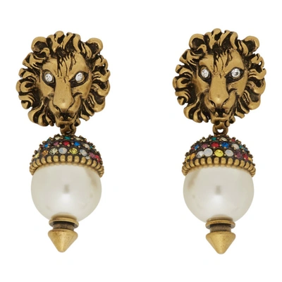 Gucci Gold Pearl Lion Head Earrings In 8516 Pearl