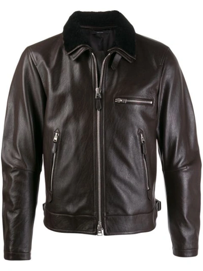 Tom Ford Slim-fit Shearling-trimmed Full-grain Leather Jacket In Brown