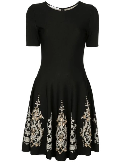 Oscar De La Renta Metallic-embroidered Knit Day Dress In Black Gold