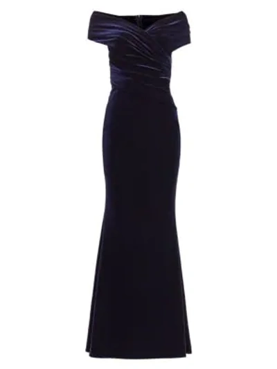 Talbot Runhof Stretch-velvet Off-shoulder Short-sleeve Mermaid Gown In Moonlight