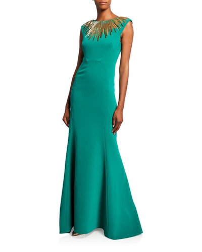 Zac Posen Embroidered-neck Sleeveless Gown In Blue/silver
