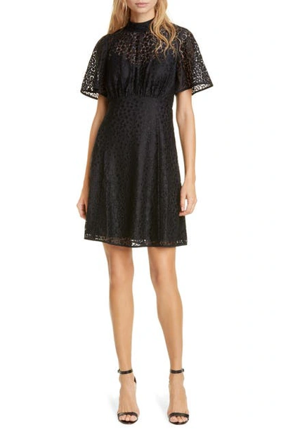 Kate Spade Flora Leopard Lace Mock-neck Mini Dress In Black