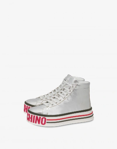 Moschino Women's Logo High-top Platform Trainers In Silver