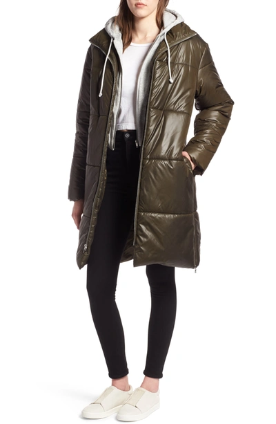 Kendall + Kylie Faux Fur Lined Hooded Puffer Jacket In Olive