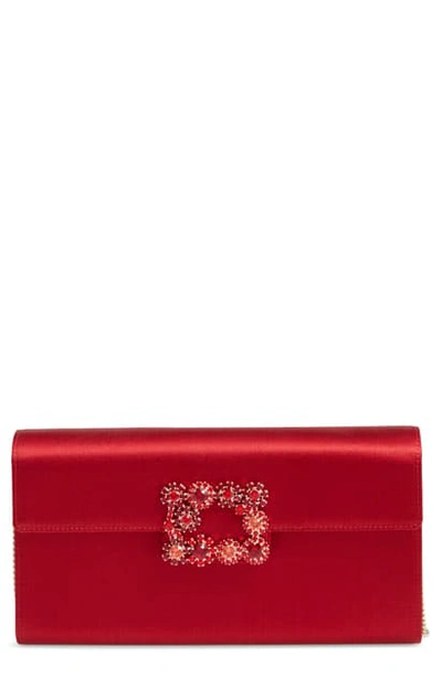 Roger Vivier Flower Buckle Satin Clutch In Ciliegia