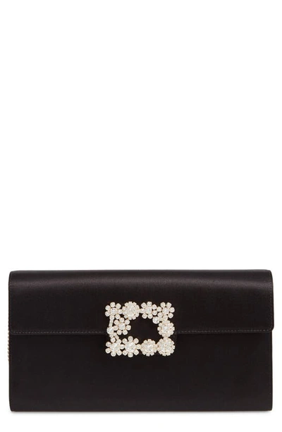 Roger Vivier Flower Buckle Satin Clutch In Argento