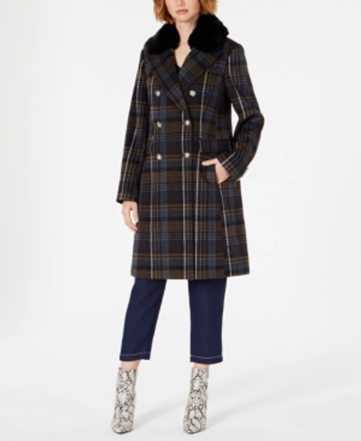 Vince Camuto Double-breasted Plaid Coat With Faux-fur-collar In Brown Plaid