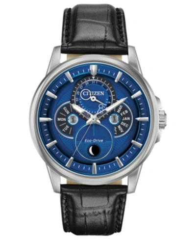 Citizen Eco-drive Men's Calendrier Black Leather Strap Watch 44mm In Blue/black