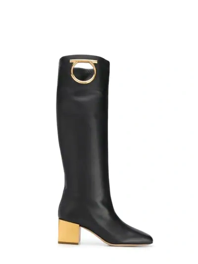 Ferragamo Mirror Heel Gancini Boots In Black