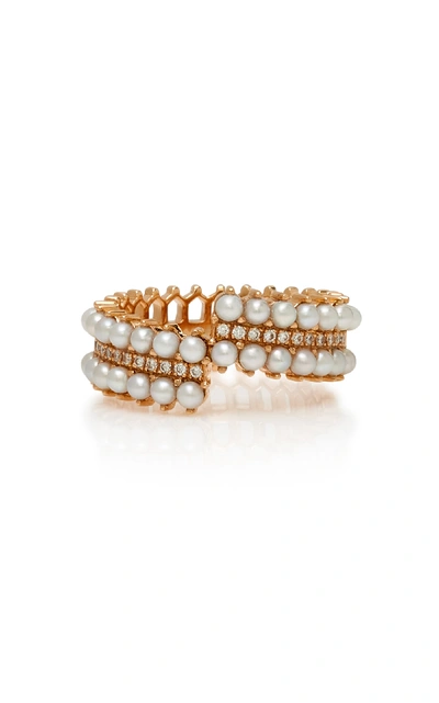Nouvel Heritage Double Lace 18k Rose Gold Pearl Ande Diamond Ring Size