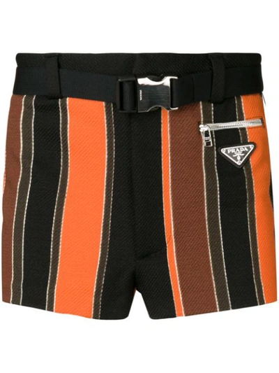 Prada Diagonale Baiadera Striped Belted Swim Shorts In Orange