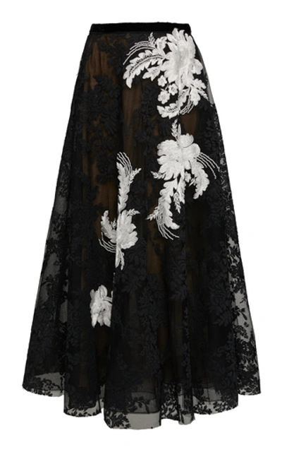 Marchesa Point D'espirit Tulle And Corded Lace Midi Skirt In Black