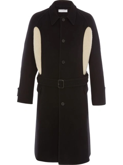 Jw Anderson Belted Cashmere-paneled Wool-crepe Coat In Black