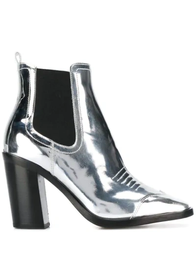 Off-white Block Heel Metallic Cowboy Booties In Silver