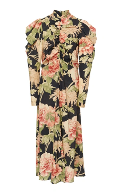 Zimmermann Ruched Floral-print Silk-blend Midi Dress