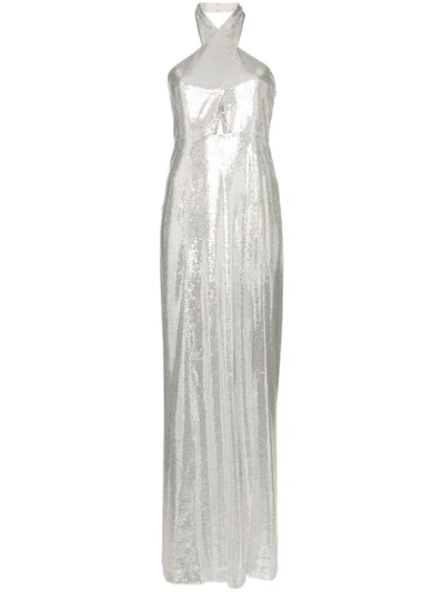 Galvan Galaxy Sequined Georgette Halterneck Gown In Silver