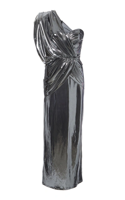 Attico One-shoulder Stretch-lamé Gown In Silver