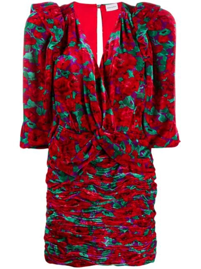 Magda Butrym Mundo Ruched Floral-print Velvet Mini Dress In Red
