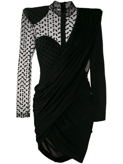 Balmain Asymmetric Draped Crepe And Swiss-dot Tulle Mini Dress In Black