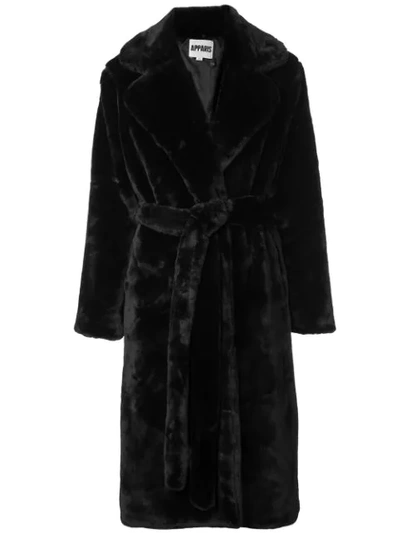 Apparis Mona Belted Faux Fur Coat In Black