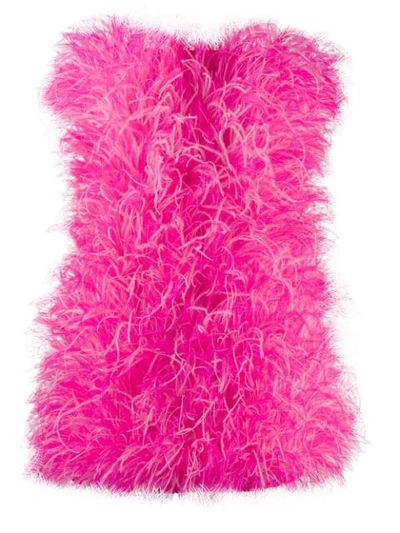 Attico Strapless Bead And Feather-embellished Cotton Mini Dress In Fuchsia