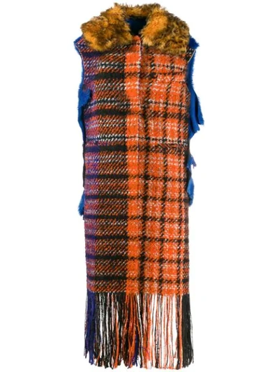 Marni Sleeveless Plaid Fringe Coat In Multicolor