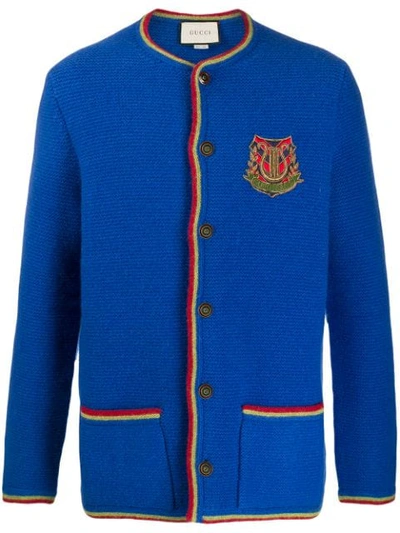 Gucci Slogan Knit Cardigan In Blue