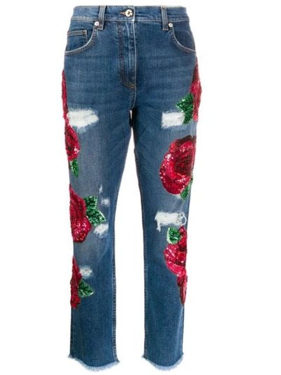 Blumarine Ricamo Rose Embroidered Jeans In 2509 Blu Denim