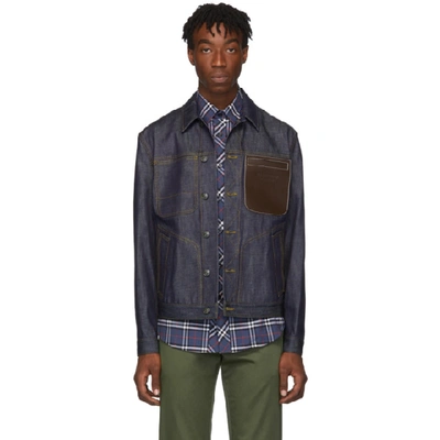 Burberry Spencer Leather-trimmed Denim Jacket In Mid Indigo