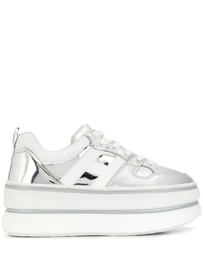 Hogan Metallic Platform Sneakers In White Silver