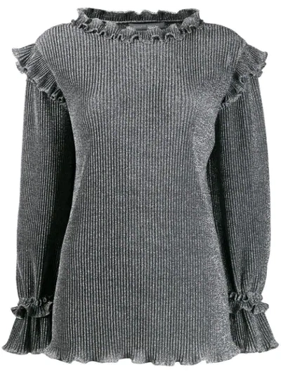 Alberta Ferretti Metallic Knit Ruffled Sweater In Grey