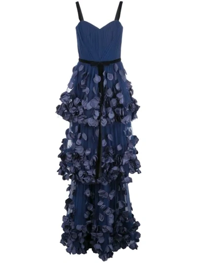 Marchesa Notte Mixed-media Texture Tiered Gown In Blue