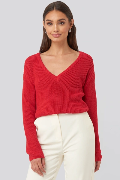 Na-kd Deep Front V-neck Knitted Sweater Red In Poppy Red