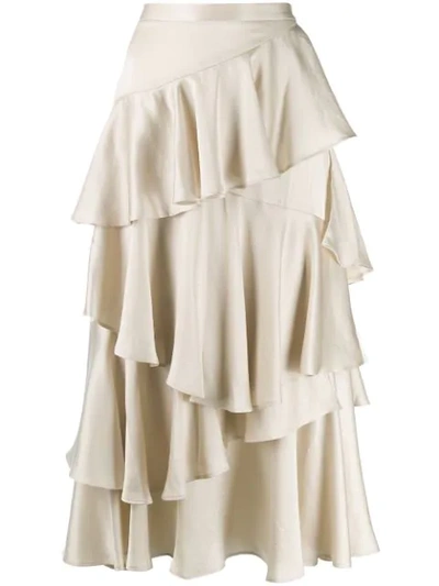 Alexa Chung Tiered Ruffled Satin Midi Skirt In Neutrals