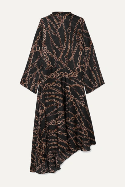 Balenciaga Asymmetric Printed Pleated Silk-jacquard Midi Dress In Black