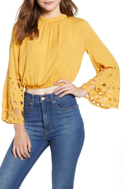 Moon River Eyelet Bell Sleeve Crop Top In Gold
