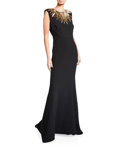 Zac Posen Embroidered-neck Sleeveless Gown In Black/gold