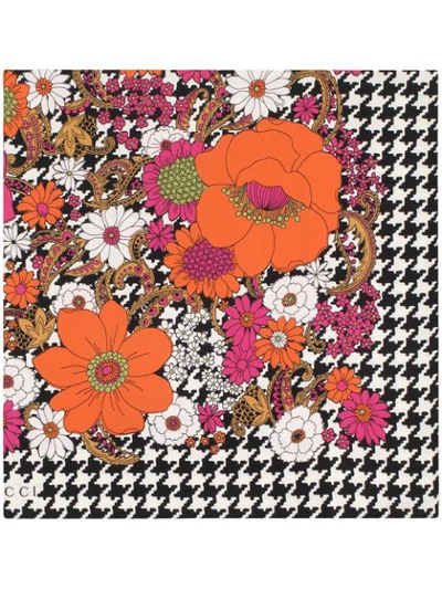 Gucci Silk Scarf With Retro Flowers And Houndstooth In White
