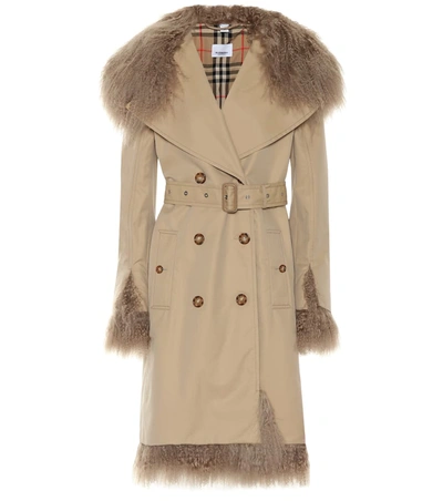Burberry Double-breasted Shearling-trimmed Cotton-gabardine Coat In Beige