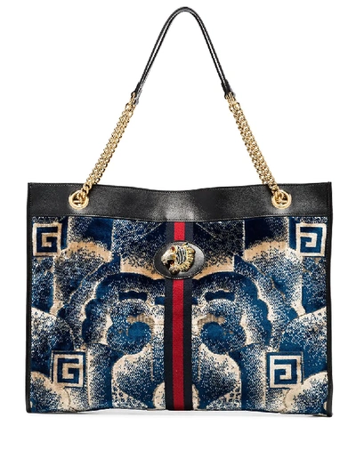 Gucci Rajah Cloud-print Velvet And Leather Tote Bag In Blue