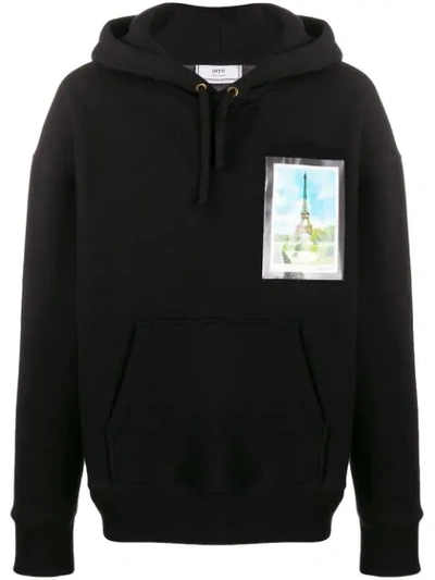 Ami Alexandre Mattiussi Postcard-patch Cotton-blend Hooded Sweatshirt In Black