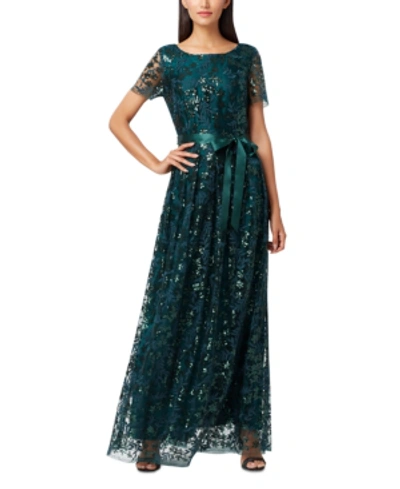 Tahari Embroidered Lace Gown In Hunter Green