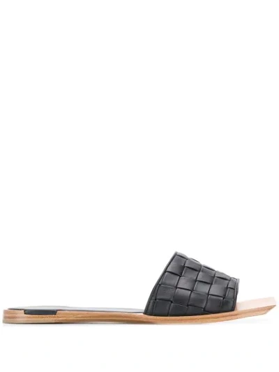 Bottega Veneta Square Toe Intrecciato Slides In Black