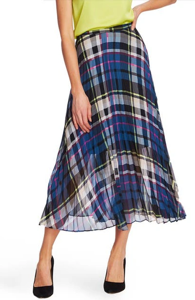 Vince Camuto Plaid Escape Pleated Midi Skirt In Deacon Blue