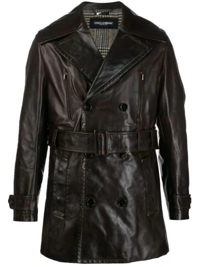 Dolce & Gabbana Leather Trench Coat In Brown