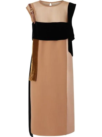 Burberry Strap Detail Panelled Silk And Velvet Dress In Neutrals