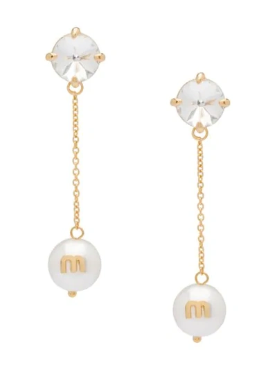 Miu Miu Pendant Earrings With Crystals And Pearl In F0zjk Gold + White + Crystal