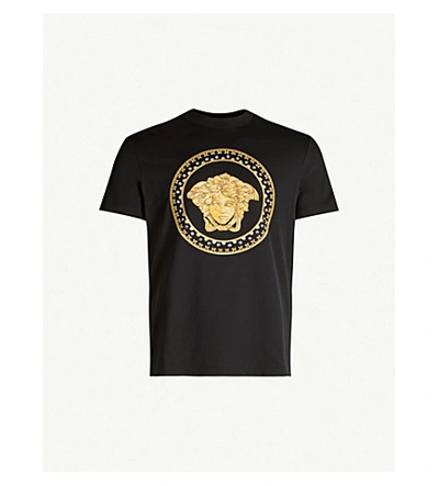 Versace Logo-embroidered Embellished Cotton T-shirt In Black