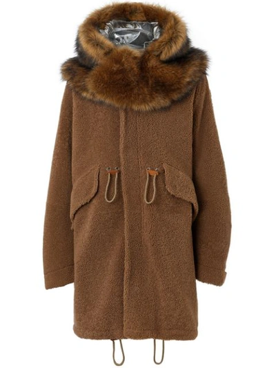 Burberry Shearling Parka With Detachable Hood And Jacket In Brown